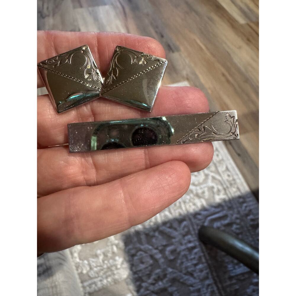 Vintage Kreisler Sterling Plated Cufflinks & Tie Bar Set | Mid Century Geometric